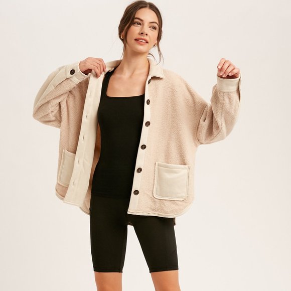 Listicle Oversized Terry Cloth Collar Button Closure Pocket Shacket - Picture 4 of 9